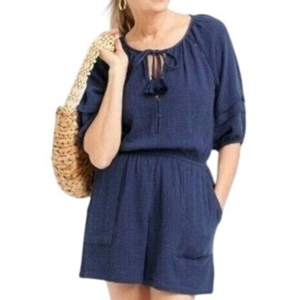 Knox Rose Navy Blue Gauzy Ballon Sleeve‎ Romper Shorts Tassels Pockets Size M
